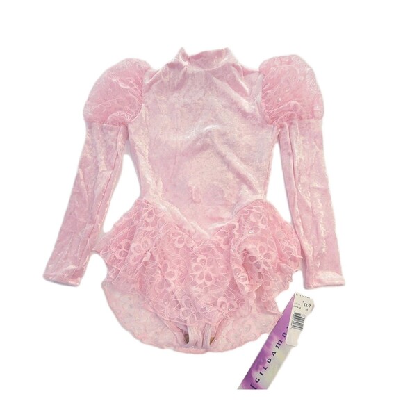 Gikda Marx VTG Kids High Neck Velvet Lace Skirted Princess Pink Leotard Sz 6X/7 - Picture 2 of 15